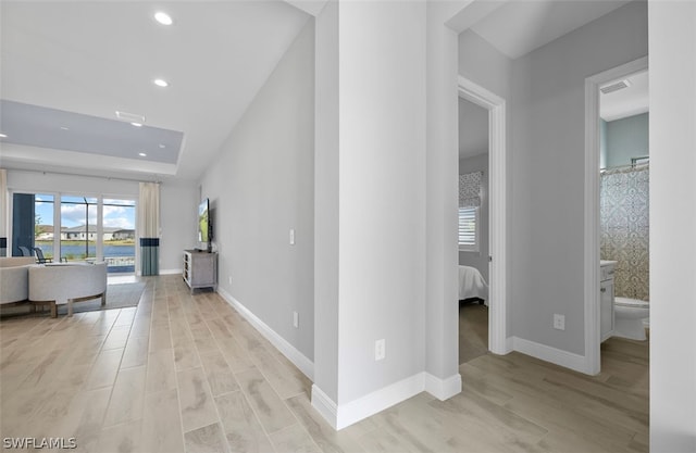 hall with a raised ceiling and light hardwood / wood-style floors