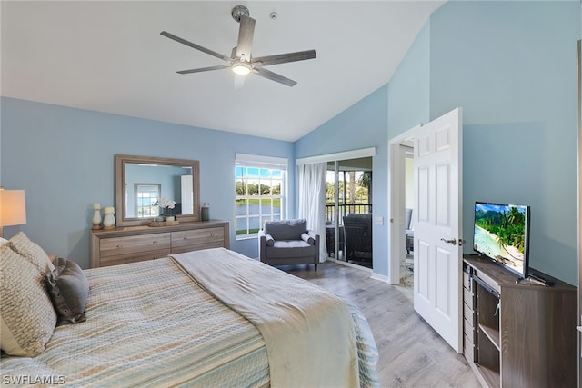 bedroom featuring high vaulted ceiling, ceiling fan, light wood-type flooring, and access to exterior