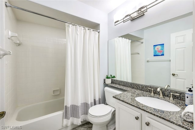 full bathroom with vanity, toilet, and shower / bath combination with curtain