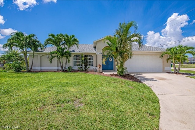 ranch-style home with a garage and a front yard