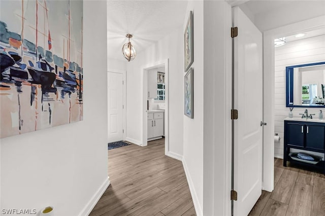 hallway featuring wood-type flooring and sink