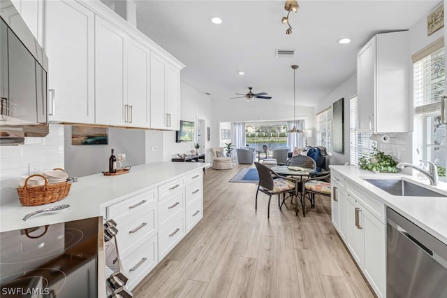 kitchen featuring backsplash, sink, light wood-type flooring, and stainless steel dishwasher