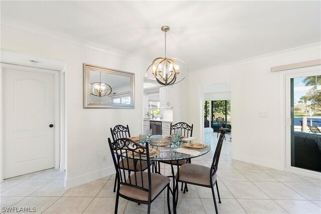 dining area with plenty of natural light, crown molding, light tile floors, and a notable chandelier