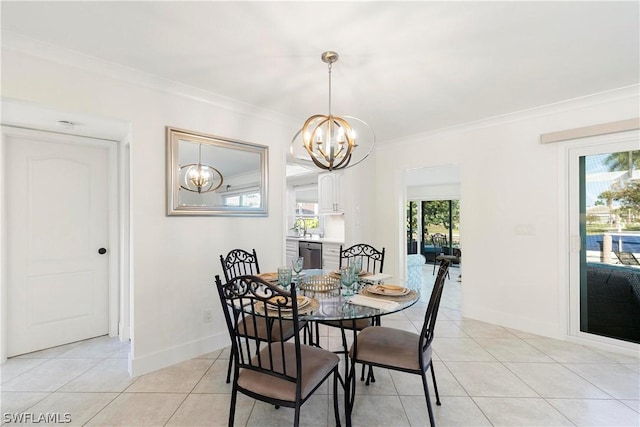 dining area featuring a healthy amount of sunlight, light tile patterned floors, a chandelier, and crown molding