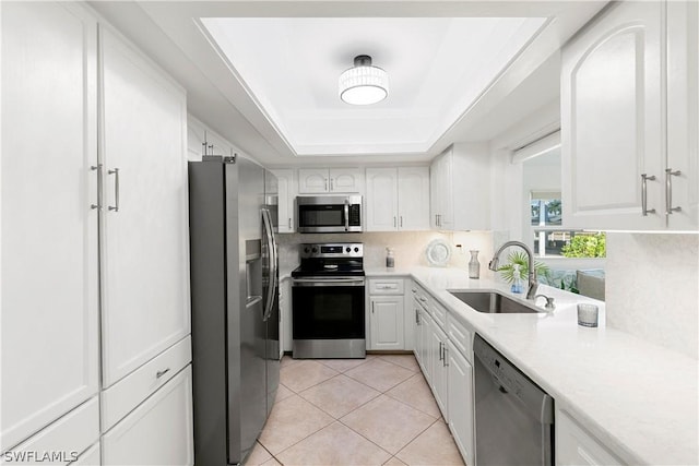 kitchen featuring white cabinetry, a tray ceiling, appliances with stainless steel finishes, and a sink