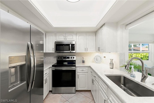 kitchen featuring a sink, white cabinets, appliances with stainless steel finishes, backsplash, and a tray ceiling