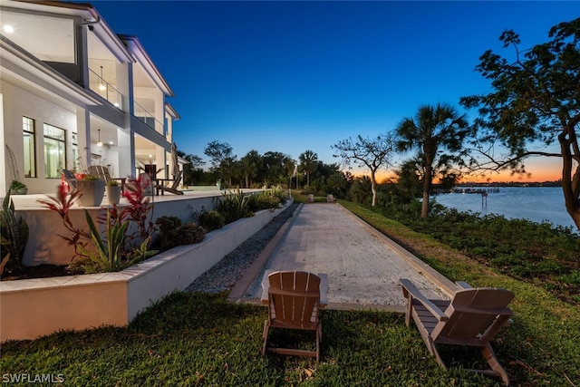 exterior space featuring a water view