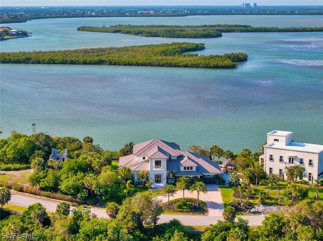 bird's eye view with a water view