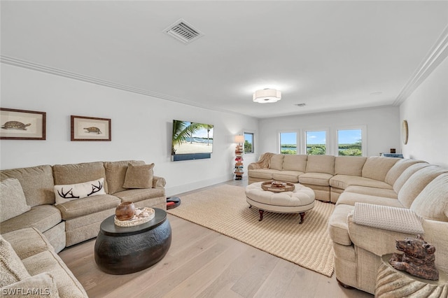 living room featuring light hardwood / wood-style floors and ornamental molding