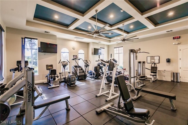 exercise room featuring ceiling fan and coffered ceiling