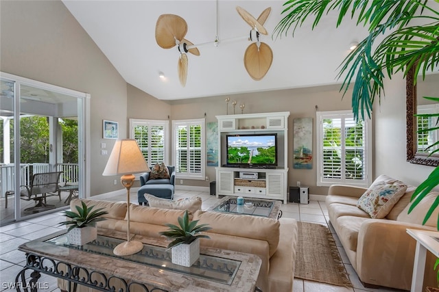 tiled living room featuring high vaulted ceiling