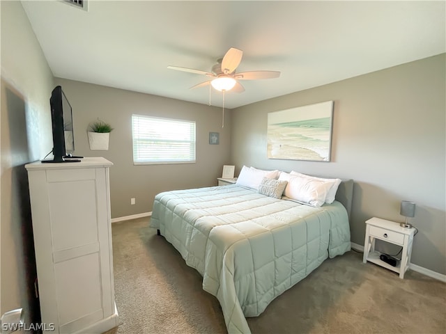 bedroom featuring ceiling fan and carpet flooring