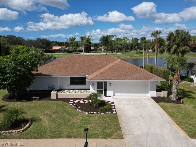 ranch-style home featuring a front lawn, a water view, and a garage