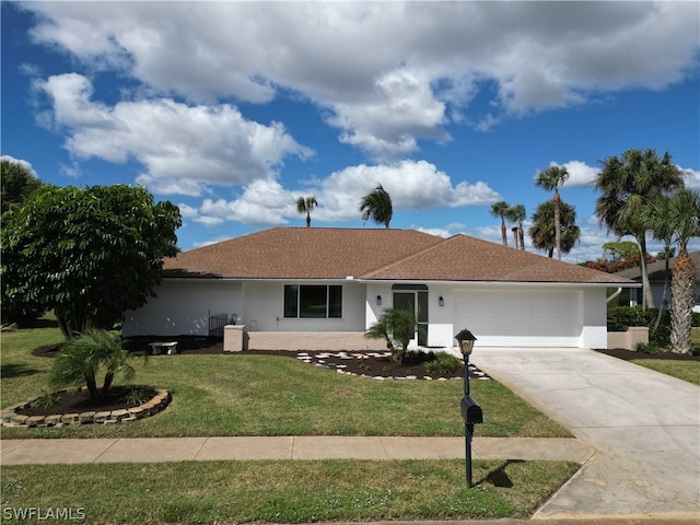 ranch-style house with a garage and a front lawn