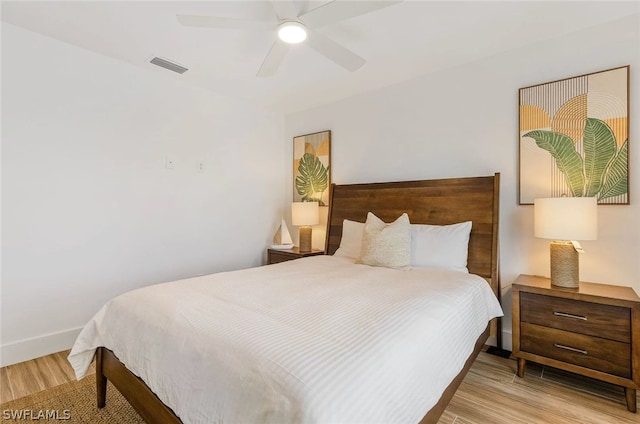 bedroom featuring light hardwood / wood-style flooring and ceiling fan