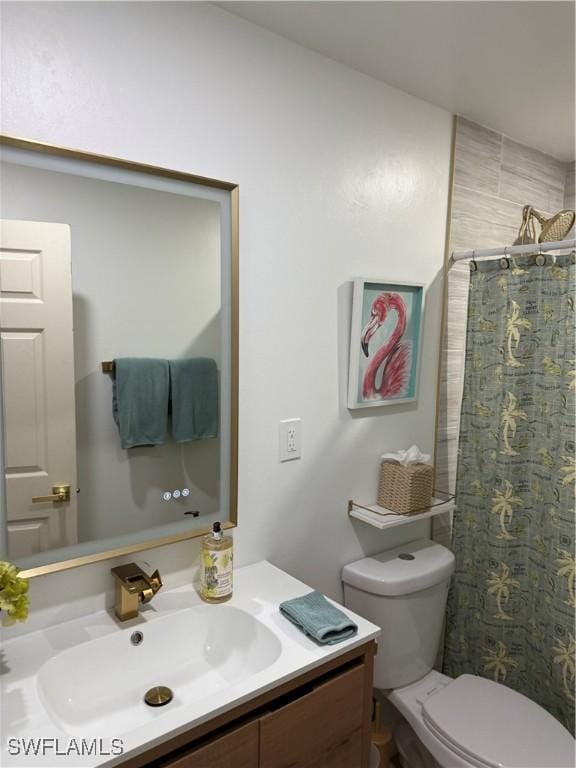 full bathroom with toilet, a shower with curtain, and vanity