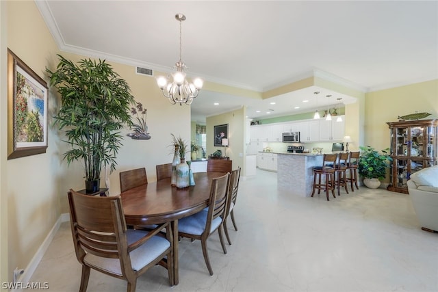 tiled dining space featuring a notable chandelier and crown molding