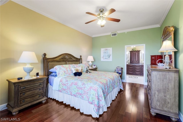 bedroom featuring dark hardwood / wood-style floors, ceiling fan, and ornamental molding