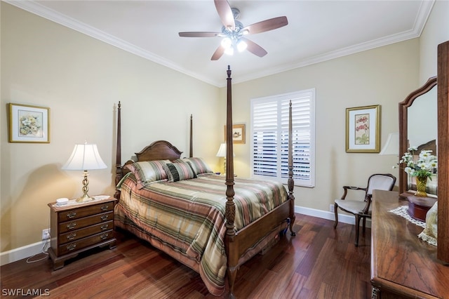 bedroom with ornamental molding, ceiling fan, and dark wood-type flooring