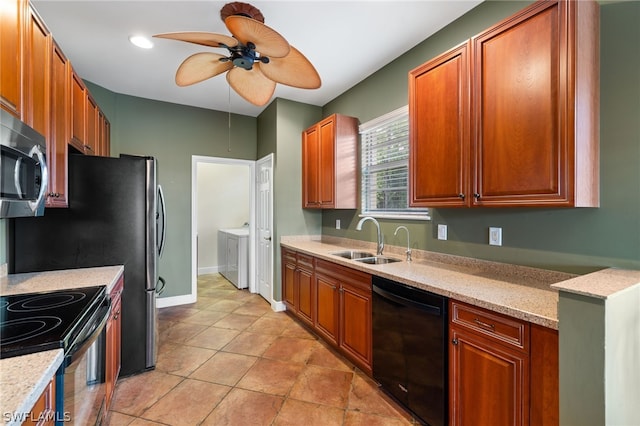 kitchen featuring ceiling fan, light tile floors, black appliances, and light stone countertops