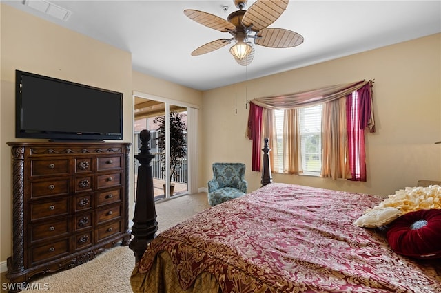 bedroom with ceiling fan, access to exterior, and carpet flooring