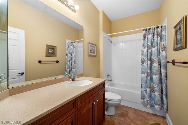 full bathroom with shower / bathtub combination with curtain, toilet, tile floors, and vanity