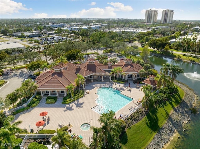 drone / aerial view with a water view