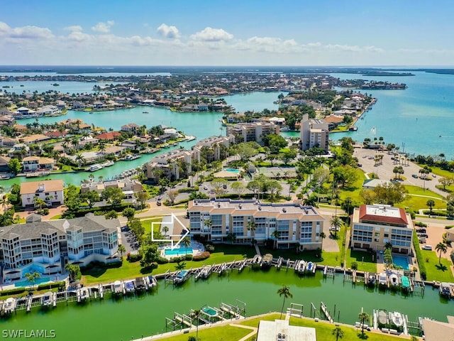 drone / aerial view featuring a water view