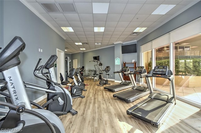 workout area with crown molding, light hardwood / wood-style floors, and a paneled ceiling