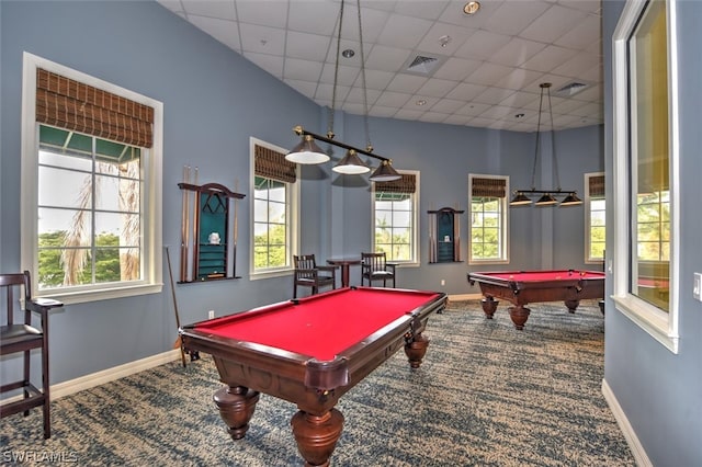 playroom with billiards, carpet floors, and a paneled ceiling