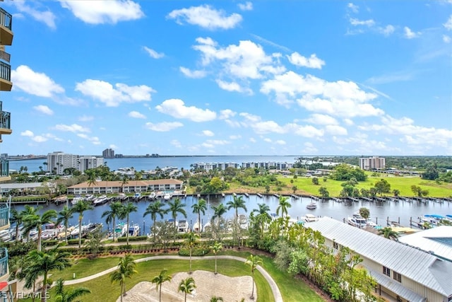 birds eye view of property with a water view