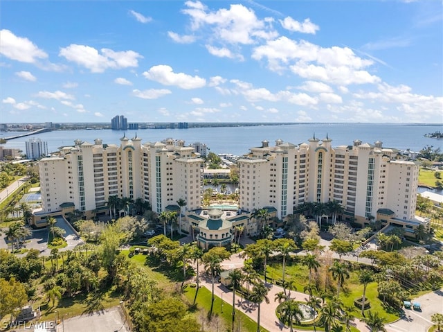 drone / aerial view with a water view