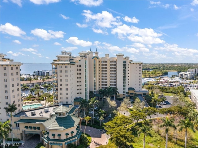 view of building exterior featuring a water view