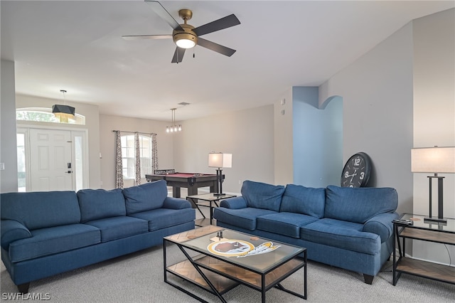 carpeted living room featuring ceiling fan and billiards