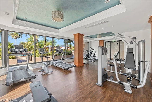 gym featuring dark hardwood / wood-style floors, ornate columns, and a tray ceiling