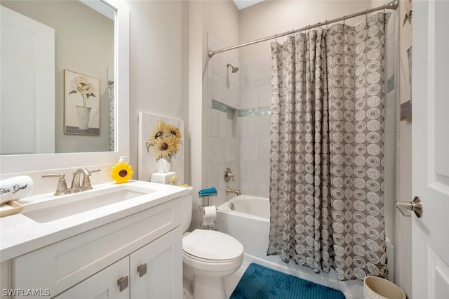 full bathroom featuring oversized vanity, tile floors, shower / bathtub combination with curtain, and toilet