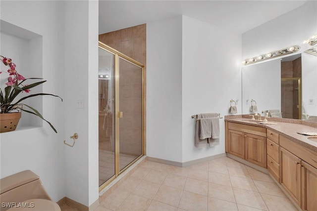 bathroom with tile patterned flooring, an enclosed shower, vanity, and toilet