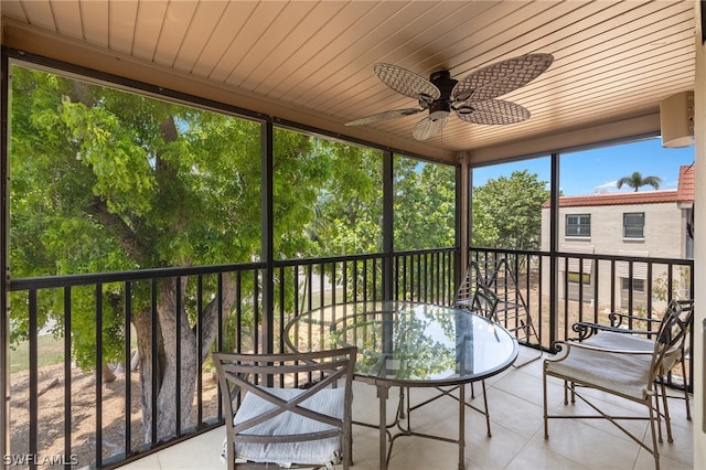 unfurnished sunroom featuring ceiling fan and wood ceiling