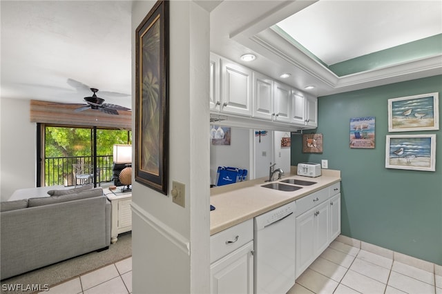 kitchen featuring ceiling fan, white cabinets, sink, dishwasher, and light tile floors