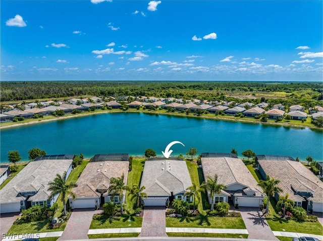 bird's eye view with a water view