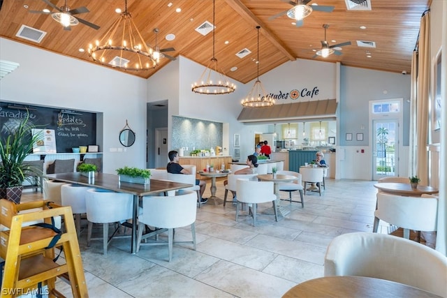 interior space featuring wood ceiling, ceiling fan with notable chandelier, and high vaulted ceiling