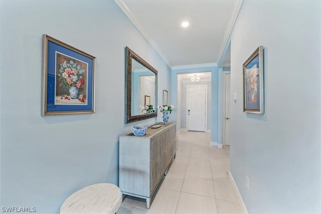 corridor featuring light tile patterned floors, recessed lighting, baseboards, and ornamental molding