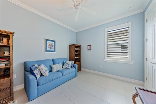 tiled living room with crown molding and ceiling fan