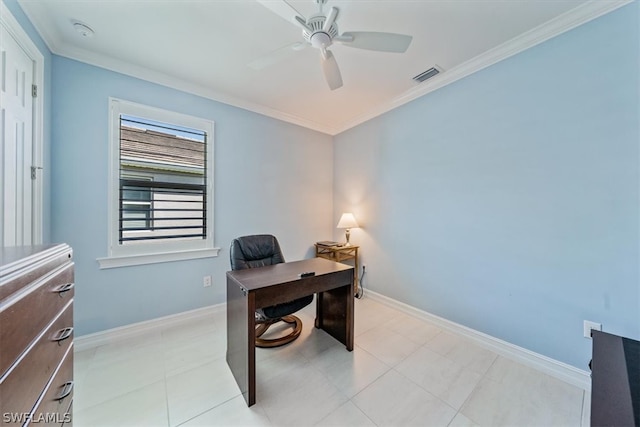 office space with crown molding, baseboards, visible vents, and ceiling fan