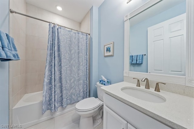 full bathroom with vanity, toilet, shower / tub combo, and tile patterned floors