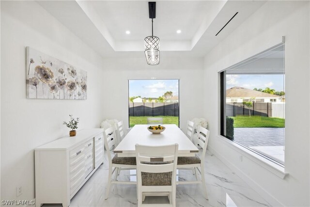 dining space with a raised ceiling and a wealth of natural light