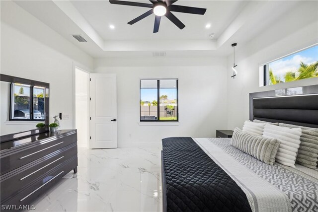 bedroom with a raised ceiling and ceiling fan