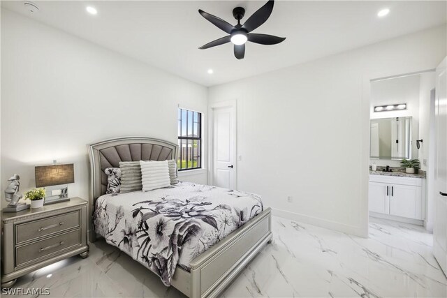 bedroom with connected bathroom and ceiling fan