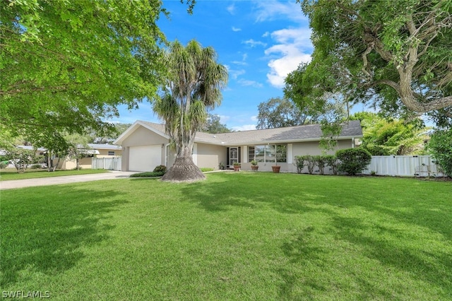 ranch-style house featuring a garage and a front lawn