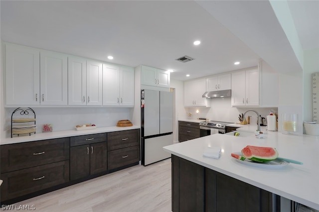 kitchen featuring white refrigerator, light hardwood / wood-style flooring, white cabinetry, electric range, and dark brown cabinetry